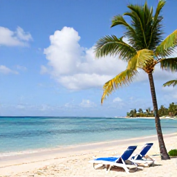 Caribbean Holidays, Barbados Holidays, Bright Caribbean beach in Barbados with calm blue water, sun loungers and palm trees