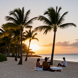 Caribbean Holidays, Barbados Holidays, Elegant Barbados beach resort at sunset with palm trees, glowing sky and guests enjoying a peaceful evening