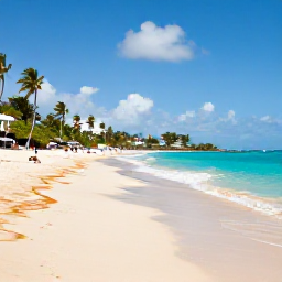 Caribbean Holidays, Barbados Holidays, Golden sandy beach on the south coast of Barbados with turquoise water, palm trees and relaxed holidaymakers
