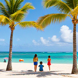 Caribbean Holidays, Barbados Holidays, Happy family enjoying a sunny Barbados beach holiday with palm trees, calm sea and colourful beach umbrellas