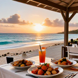 Caribbean Holidays, Barbados Holidays, Outdoor dining at a Barbados beachfront restaurant with fresh seafood, tropical drinks and sunset over the Caribbean Sea