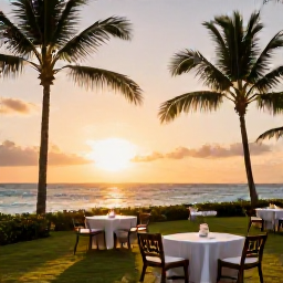 Caribbean Holidays, Barbados Holidays, Relaxed Barbados resort at sunset with palm trees, outdoor dining and calm Caribbean sea