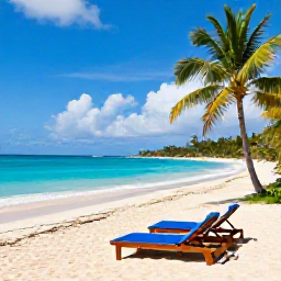 Caribbean Holidays, Barbados Holidays, Relaxed Caribbean beach scene in Barbados with clear blue water, golden sand, sun loungers and palm trees