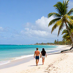 Caribbean Holidays, Barbados Honeymoon, A relaxed couple walking along a sunlit Barbados beach in February, turquoise sea, soft white sand and palm trees