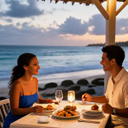 Caribbean Holidays, Barbados Honeymoon, Couple enjoying a romantic dinner at a seaside restaurant in Barbados, warm evening light, local dishes and ocean view