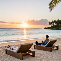 Caribbean Holidays, Barbados Honeymoon, Honeymoon couple relaxing on a Barbados beach with stylish sun loungers, calm blue water and a tropical sunset