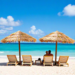 Caribbean Holidays, Barbados Honeymoon July, Couple relaxing beneath umbrellas on a calm Barbados beach, turquoise water, soft sand and a sunny tropical sky