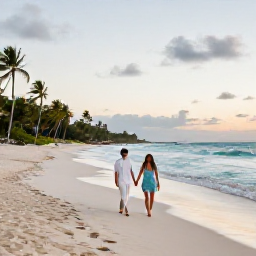 Caribbean Holidays, Barbados Honeymoon July, Newlywed couple walking hand in hand along a quiet white-sand beach in Barbados at sunset, gentle Caribbean waves and palm trees