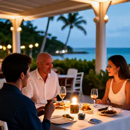 Caribbean Holidays, Barbados Honeymoon July, Romantic Barbados dinner at an elegant open-air restaurant, local dishes, candles and tropical evening atmosphere