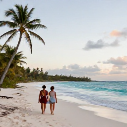 Caribbean Holidays, Barbados Honeymoon March, Couple walking along a quiet white-sand beach in Barbados at sunrise, calm turquoise sea and palm trees