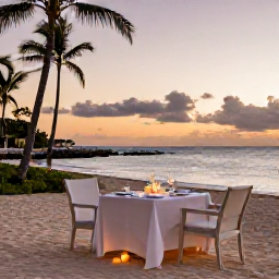 Caribbean Holidays, Barbados Honeymoon March, Elegant beachfront dinner for two in Barbados at sunset, candles on a table, palm trees and the sea beyond