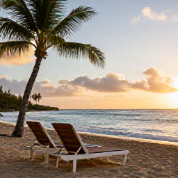 Caribbean Holidays, Barbados Honeymoon March, Romantic Barbados beach scene with two sun loungers, gentle waves, tropical palms and a golden evening sky