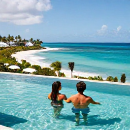Caribbean Holidays, Barbados Honeymoon March, Romantic Barbados resort with couple relaxing beside an infinity pool overlooking a turquoise sea and tropical coastline