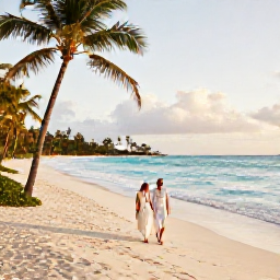 Caribbean Holidays, Barbados Honeymoons, A newlywed couple walking along a quiet white-sand beach in Barbados at golden hour, turquoise sea and swaying palms