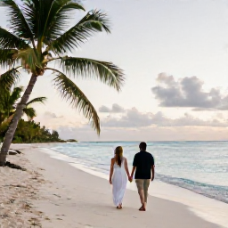 Caribbean Holidays, Barbados Honeymoons, A newlywed couple walking hand in hand along a quiet white-sand beach in Barbados at sunset, calm turquoise sea and gently swaying palms