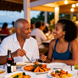 Caribbean Holidays, Barbados Honeymoons, Couple dining at a lively outdoor Barbados restaurant, enjoying fresh seafood and Caribbean dishes under warm evening lights