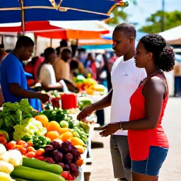 Caribbean Holidays, Barbados Honeymoons, Couple exploring a colourful Barbados market near Bridgetown, local produce, friendly people and tropical sunshine