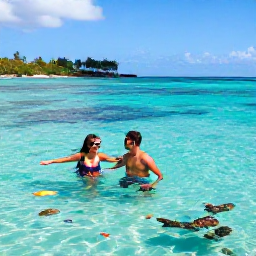 Caribbean Holidays, Barbados Honeymoons, Couple snorkelling in clear shallow water beside a Barbados beach, colourful fish and coral visible beneath the surface