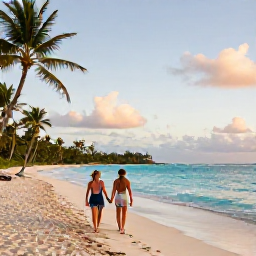 Caribbean Holidays, Barbados Honeymoons, Couple walking hand in hand along a quiet Barbados beach at sunset, turquoise sea and palm trees