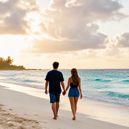 Caribbean Holidays, Barbados Honeymoons, Couple walking hand in hand along a quiet Barbados beach at sunset, warm April light and turquoise sea