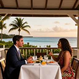 Caribbean Holidays, Barbados Honeymoons, Elegant couple dining at an open-air Barbados restaurant, fresh seafood, tropical setting and warm evening light