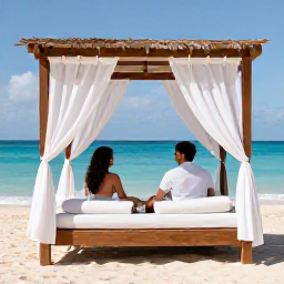 Caribbean Holidays, Barbados Honeymoons, Happy newlywed couple relaxing in a shaded beach cabana on a Barbados shore in June