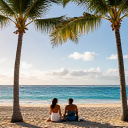 Caribbean Holidays, Barbados Honeymoons, Happy newlywed couple relaxing on a quiet Barbados beach with palm trees, turquoise water and soft afternoon sunlight