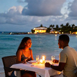 Caribbean Holidays, Barbados Honeymoons, Honeymoon couple enjoying a candlelit dinner at a waterfront restaurant in Barbados