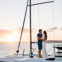 Caribbean Holidays, Barbados Honeymoons, Newly married couple enjoying a sunset catamaran cruise with drinks off the coast of Barbados
