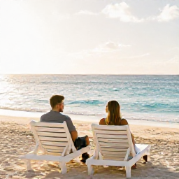Caribbean Holidays, Barbados Honeymoons, Newly married couple relaxing on a Barbados beach, soft golden morning light, loungers and calm turquoise water