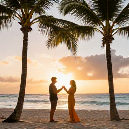 Caribbean Holidays, Barbados Honeymoons, Newlywed couple sharing a sunset toast on a Barbados beach with palm trees and golden evening light