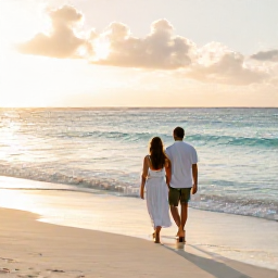 Caribbean Holidays, Barbados Honeymoons, Newlywed couple walking barefoot along a quiet Barbados beach at sunrise, soft golden light, calm turquoise sea