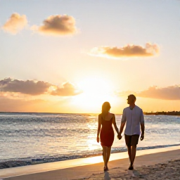 Caribbean Holidays, Barbados Honeymoons, Newlywed couple walking beside a calm Caribbean beach at sunset in Barbados, October light