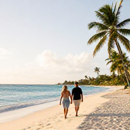 Caribbean Holidays, Barbados Honeymoons, Newlywed couple walking hand in hand along a quiet white-sand beach in Barbados at golden hour, turquoise sea and palm trees