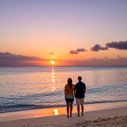 Caribbean Holidays, Barbados Honeymoons, Newlywed couple watching the sunset from a quiet Barbados beach, colourful sky reflected on calm Caribbean water