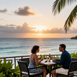 Caribbean Holidays, Barbados Honeymoons, Romantic Barbados restaurant terrace overlooking the sea at sunset, with a couple dining outdoors