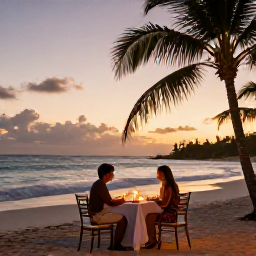 Caribbean Holidays, Barbados Honeymoons, Romantic beachfront dinner for two in Barbados at sunset, candlelit table, palm trees and gentle waves