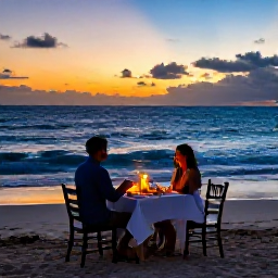 Caribbean Holidays, Barbados Honeymoons, Romantic beachfront dinner for two in Barbados, candlelit table, gentle waves and a colourful sunset