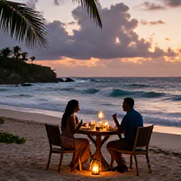 Caribbean Holidays, Barbados Honeymoons, Romantic beachfront dinner for two in Barbados, lanterns, tropical setting and gentle waves behind the table