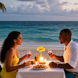 Caribbean Holidays, Barbados Honeymoons, Romantic beachfront dinner for two in Barbados with candles, fresh seafood, tropical flowers and a view of the evening sea