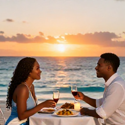 Caribbean Holidays, Barbados Honeymoons, Romantic beachfront dinner for two in Barbados with candles, local dishes and a sunset over the Caribbean Sea