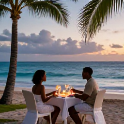 Caribbean Holidays, Barbados Honeymoons, Romantic beachfront dinner for two in Barbados with candles, tropical evening light and ocean view
