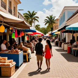 Caribbean Holidays, Barbados Honeymoons, Romantic couple exploring a colourful Barbados market and historic Bridgetown street in warm tropical daylight