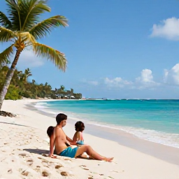 Caribbean Holidays, Barbados Honeymoons, Romantic couple relaxing on a quiet sandy beach in Barbados with turquoise water and palm trees