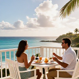 Caribbean Holidays, Barbados Honeymoons, Romantic couple sharing breakfast on a private balcony overlooking the Caribbean Sea in Barbados, tropical morning setting