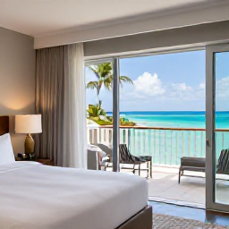 Caribbean Holidays, Barbados Honeymoons, Romantic luxury Barbados resort room with balcony overlooking the Caribbean Sea, soft natural light and elegant tropical decor