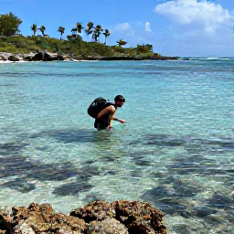 Caribbean Holidays, Barbados in April, A backpacker snorkelling in clear Barbados water near a reef, with colourful fish, rocky coastline and bright April sunshine
