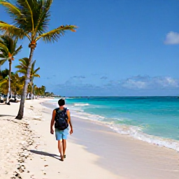 Caribbean Holidays, Barbados in April, A backpacker walking along a sunny Barbados beach in April, with turquoise water, pale sand and palm trees