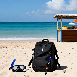 Caribbean Holidays, Barbados in April, A budget-friendly Barbados beach scene with a backpack, snorkel gear, local food stall and calm Caribbean sea