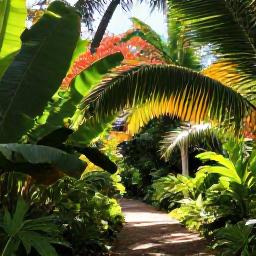 Caribbean Holidays, Barbados in April, A lush Barbados nature trail through tropical plants, palms and flowering trees, with sunlight filtering through the leaves